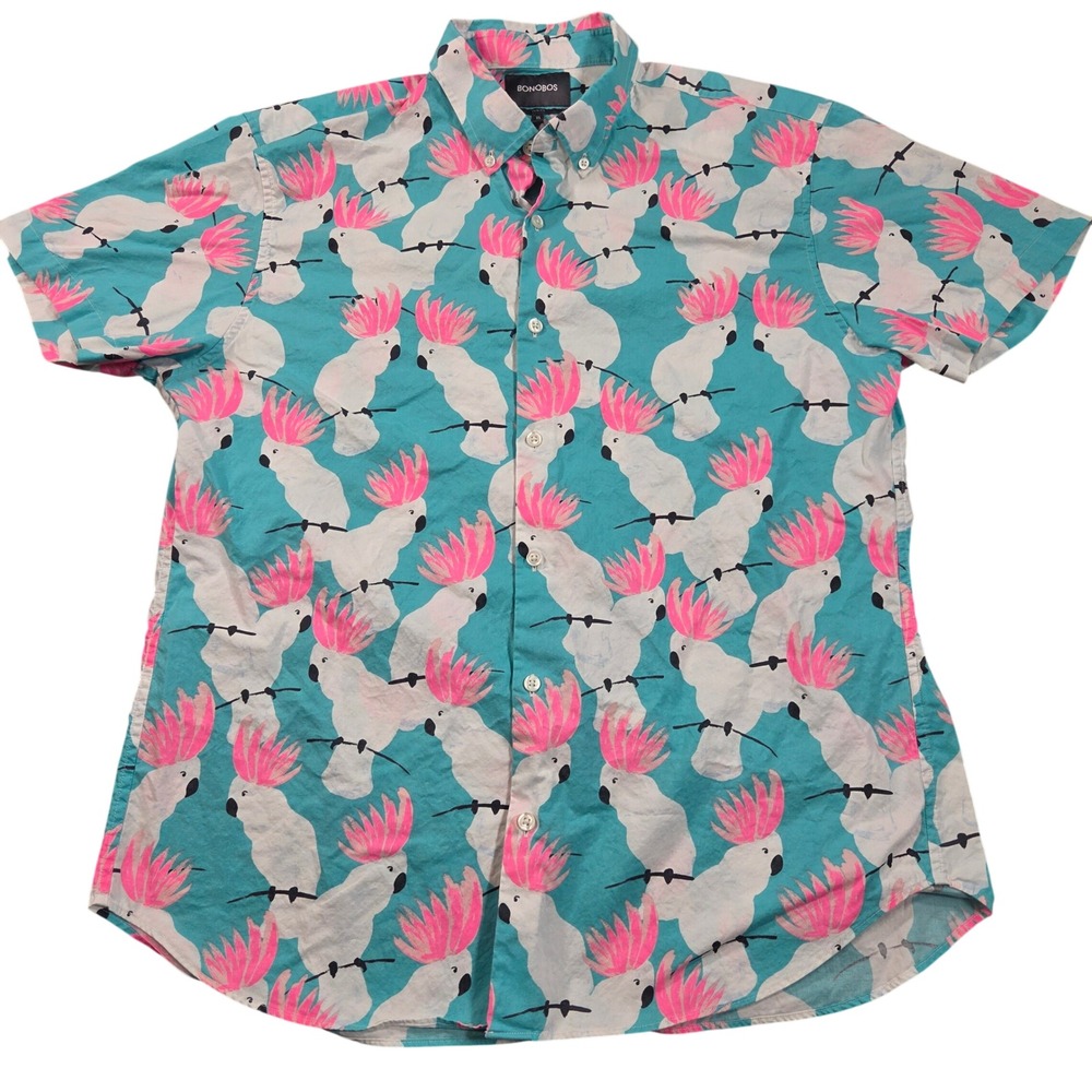 Bonobos Shirt Mens XL Blue Slim Fit Cockatoo Parrot Bird Print Button Down